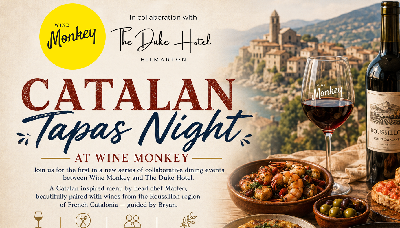 Promotional poster for Catalan Tapas Night at Wine Monkey featuring food and wine pairing event
