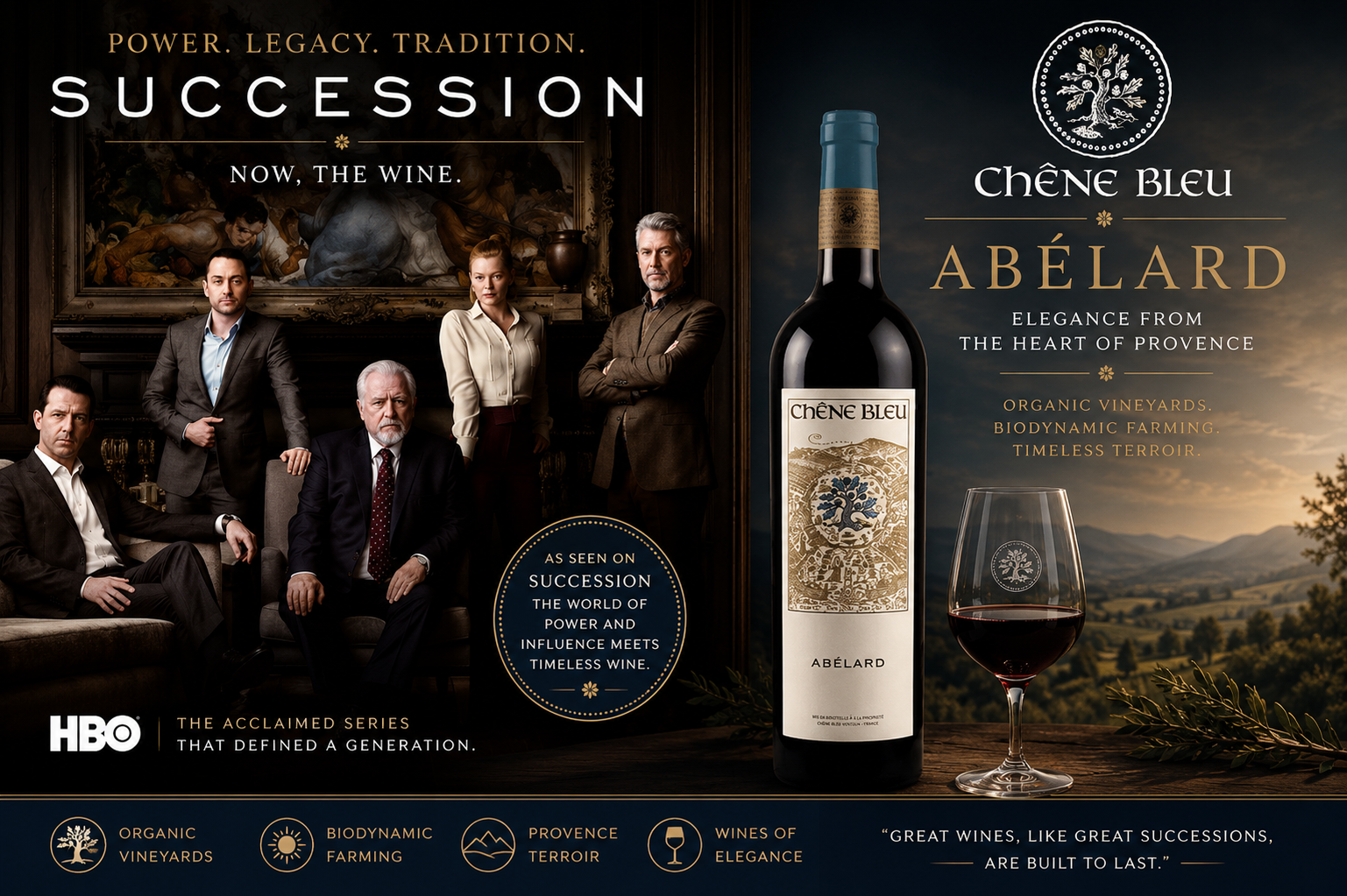 Promotional graphic featuring Chêne Bleu Abélard wine inspired by HBO’s Succession