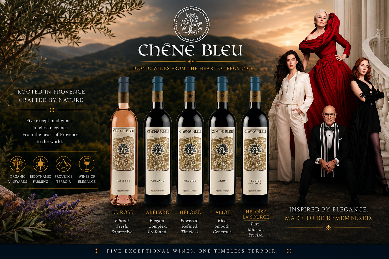 Promotional graphic featuring Chêne Bleu wines inspired by The Devil Wears Prada 2