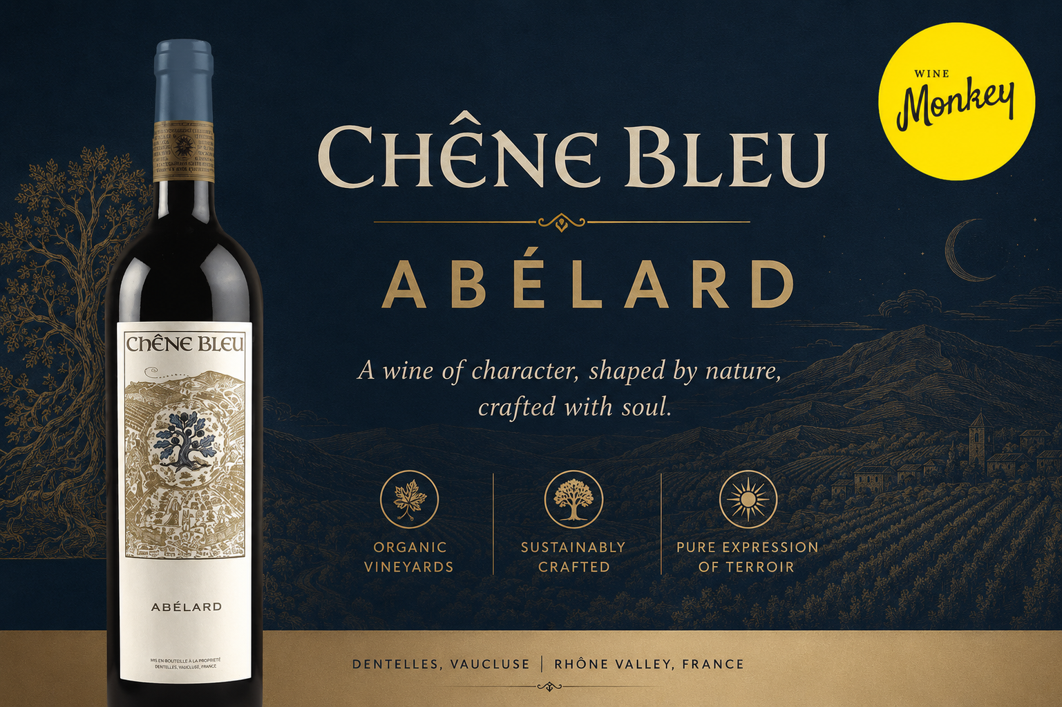 Chêne Bleu Abélard wine bottle promotional graphic from Rhône Valley, France