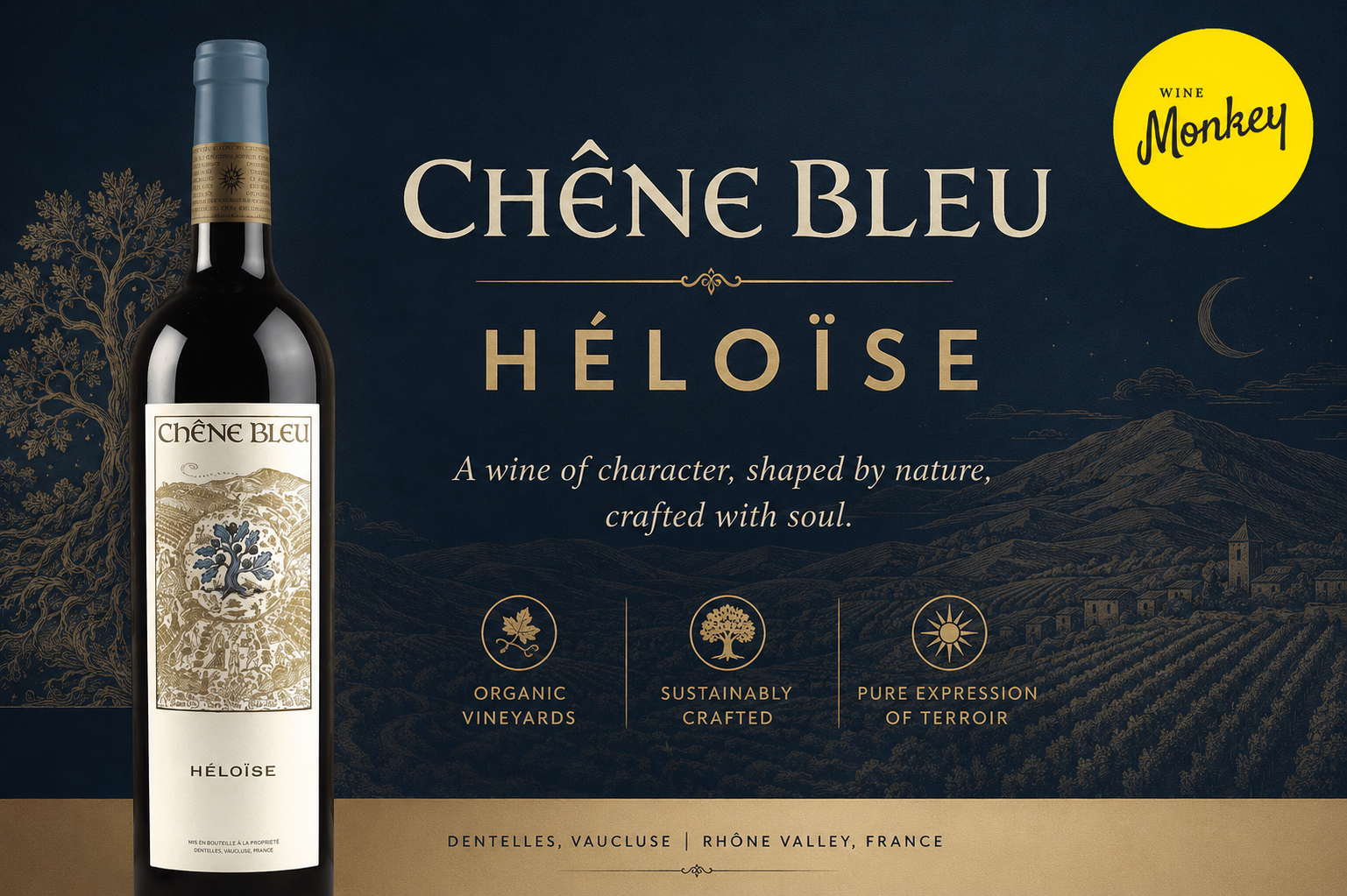 Chêne Bleu Héloïse wine bottle promotional graphic from Rhône Valley, France