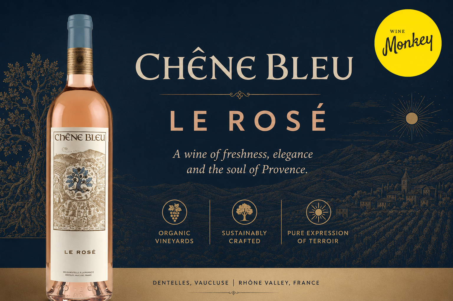 Chêne Bleu Le Rosé wine bottle promotional graphic from Rhône Valley, France